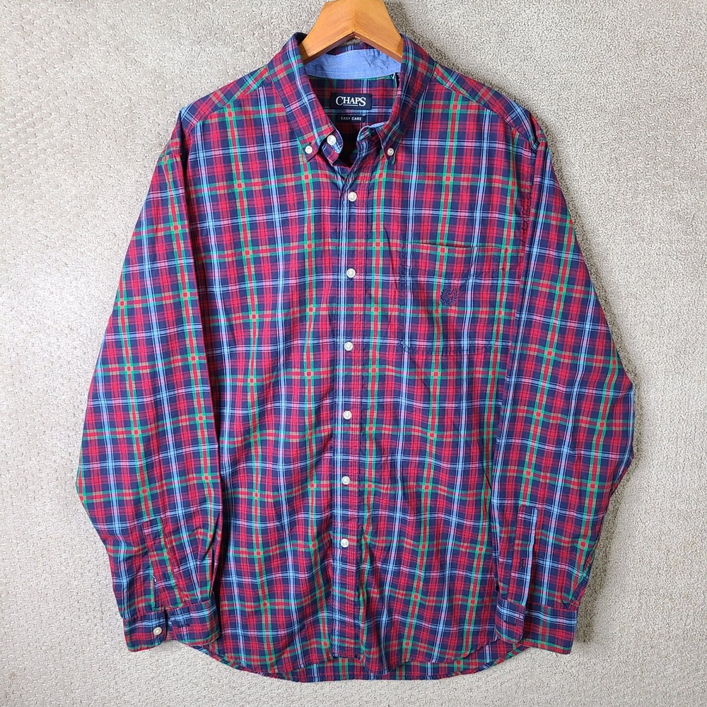 Chaps Shirt Mens XLT Red Green Blue Plaid Button Down Cotton Blend Long Sleeve